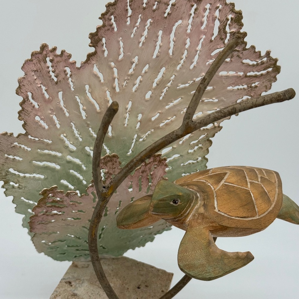 Vintage SPI Home Sea Turtle Sculpture Mixed Media Wood Metal Coral Stone Art